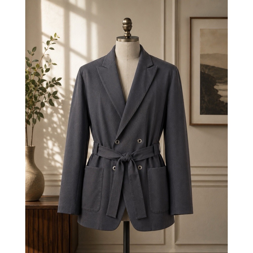 Emporio Armani Blazer Mens 44 Black Cotton Double Breasted Belted Made Italy